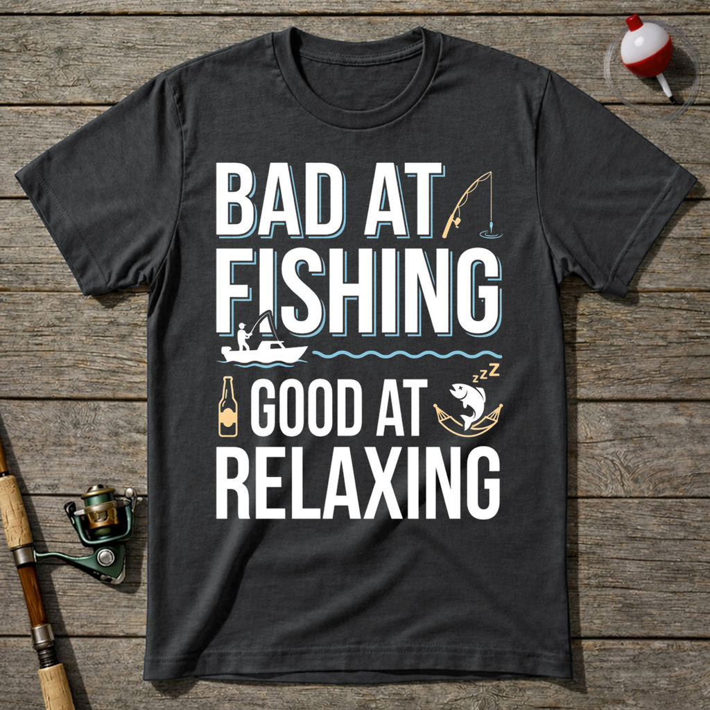 Bad At Fishing Good At Relaxing T-Shirt — Charcoal