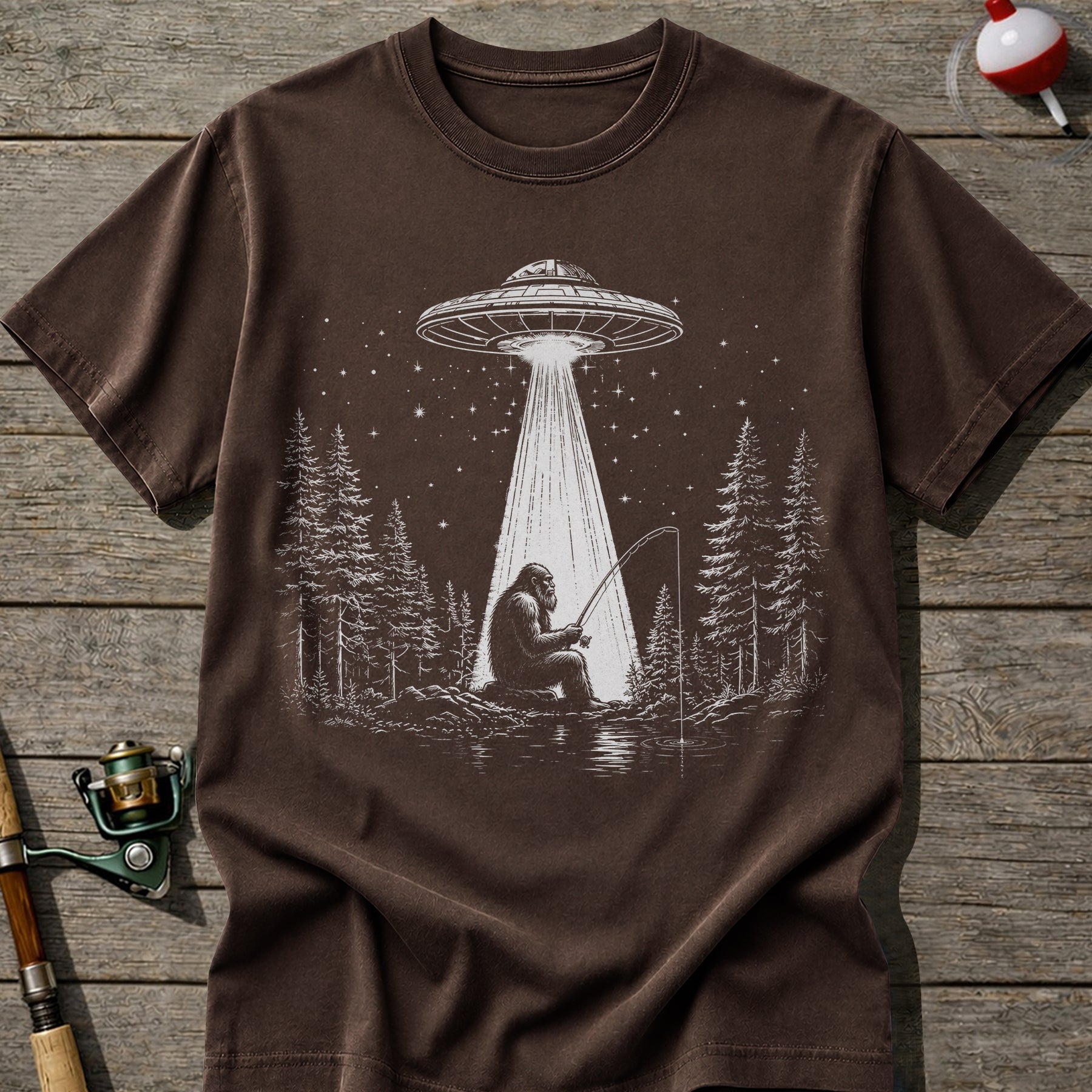 Bigfoot UFO Fishing T-Shirt