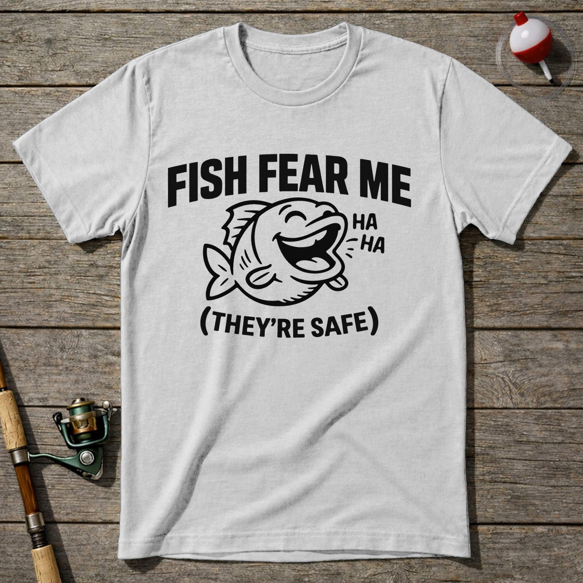 Fish Fear Me They’Re Safe Funny Fishing T-Shirt — White