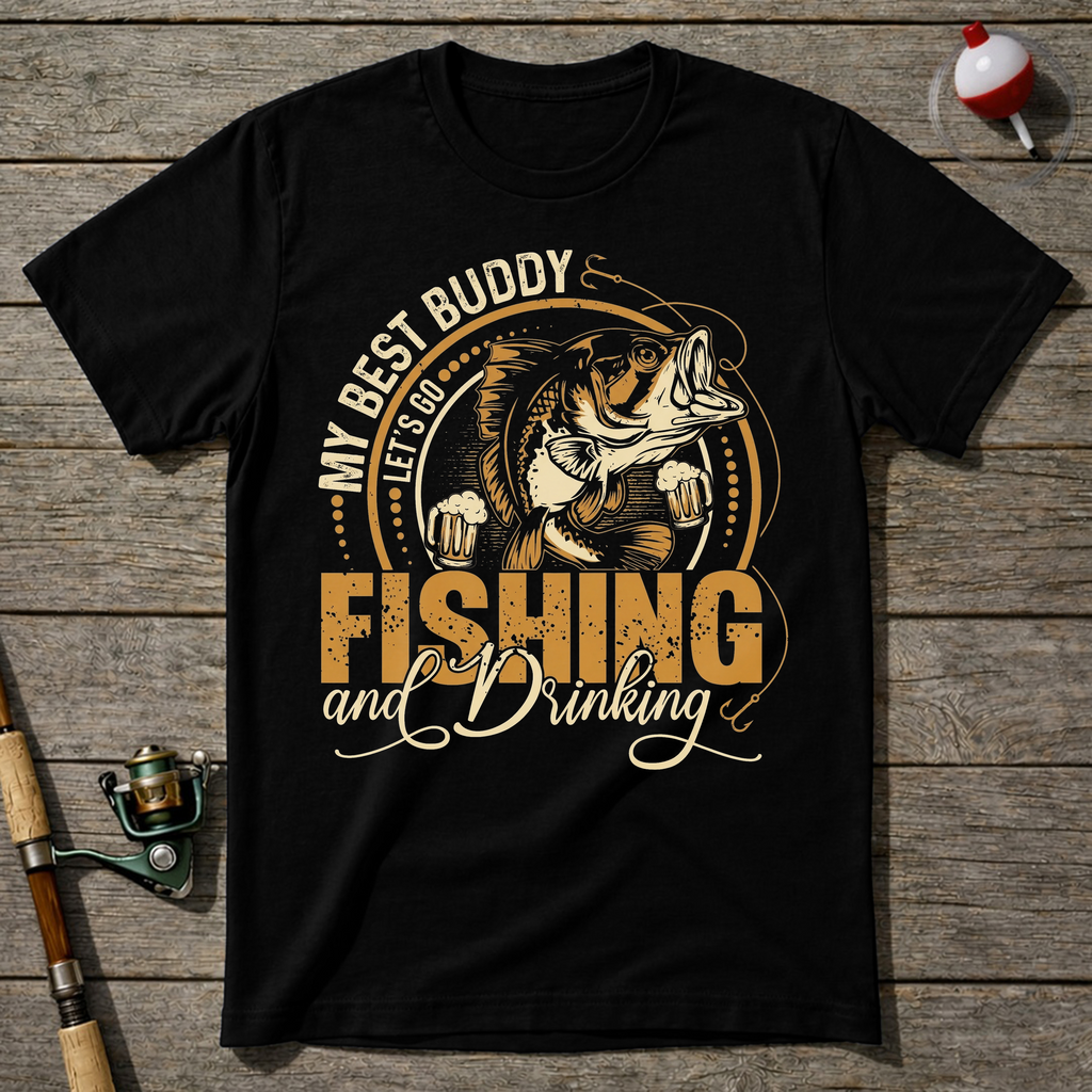Fishing And Drinking Buddy T-Shirt — Black