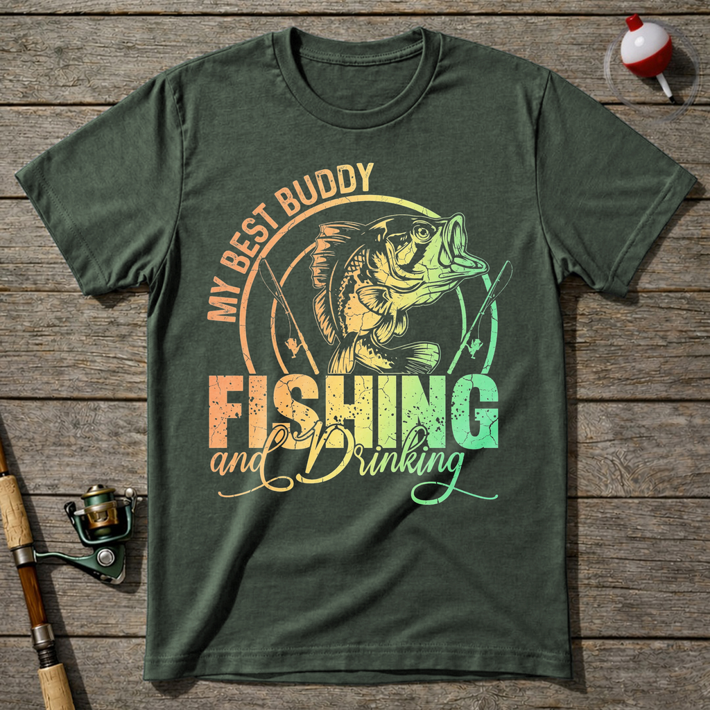 Funny Fishing And Drinking T-Shirt — Military Green