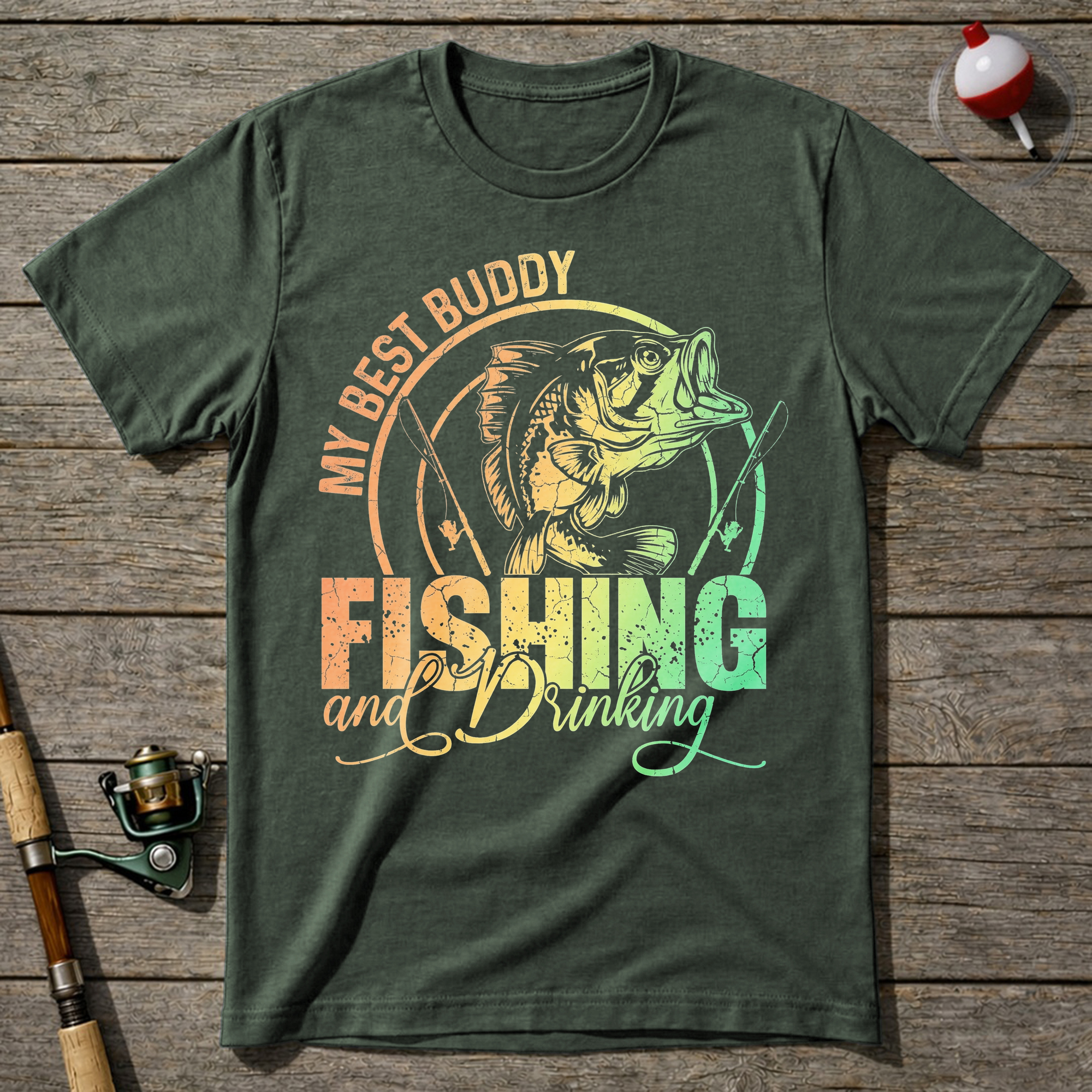 Funny Fishing And Drinking T-Shirt — Military Green