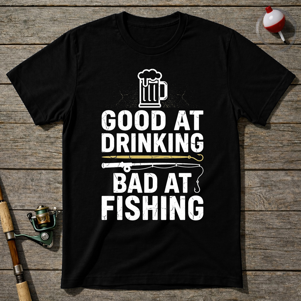 Good At Drinking Bad At Fishing Funny T-Shirt — Black