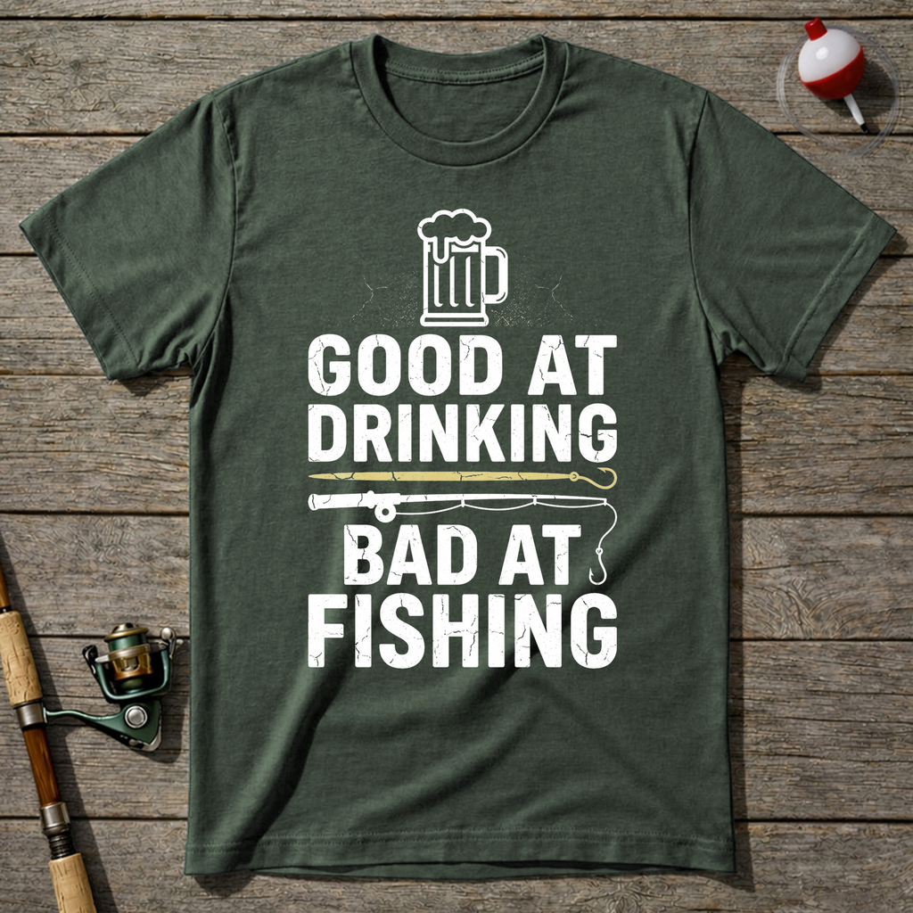 Good At Drinking Bad At Fishing Funny T-Shirt — Military Green