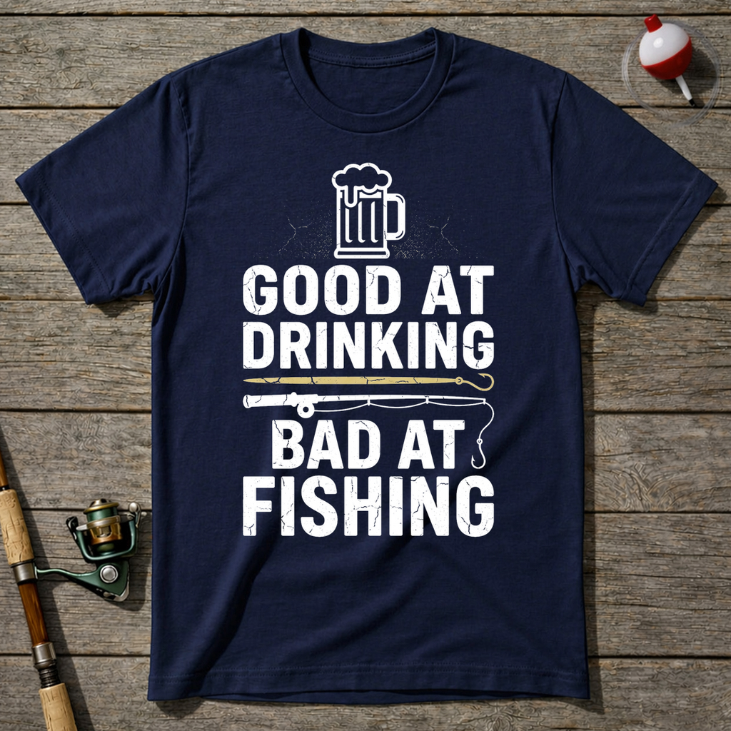 Good At Drinking Bad At Fishing Funny T-Shirt — Navy