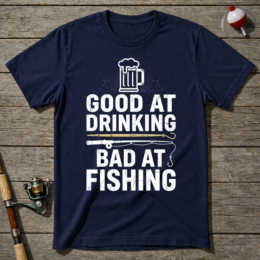 Good At Drinking Bad At Fishing Funny T-Shirt — Navy