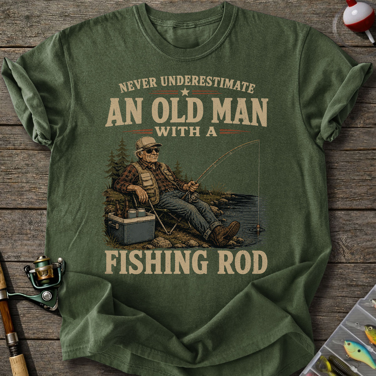 Old Man Fishing Rod T-Shirt