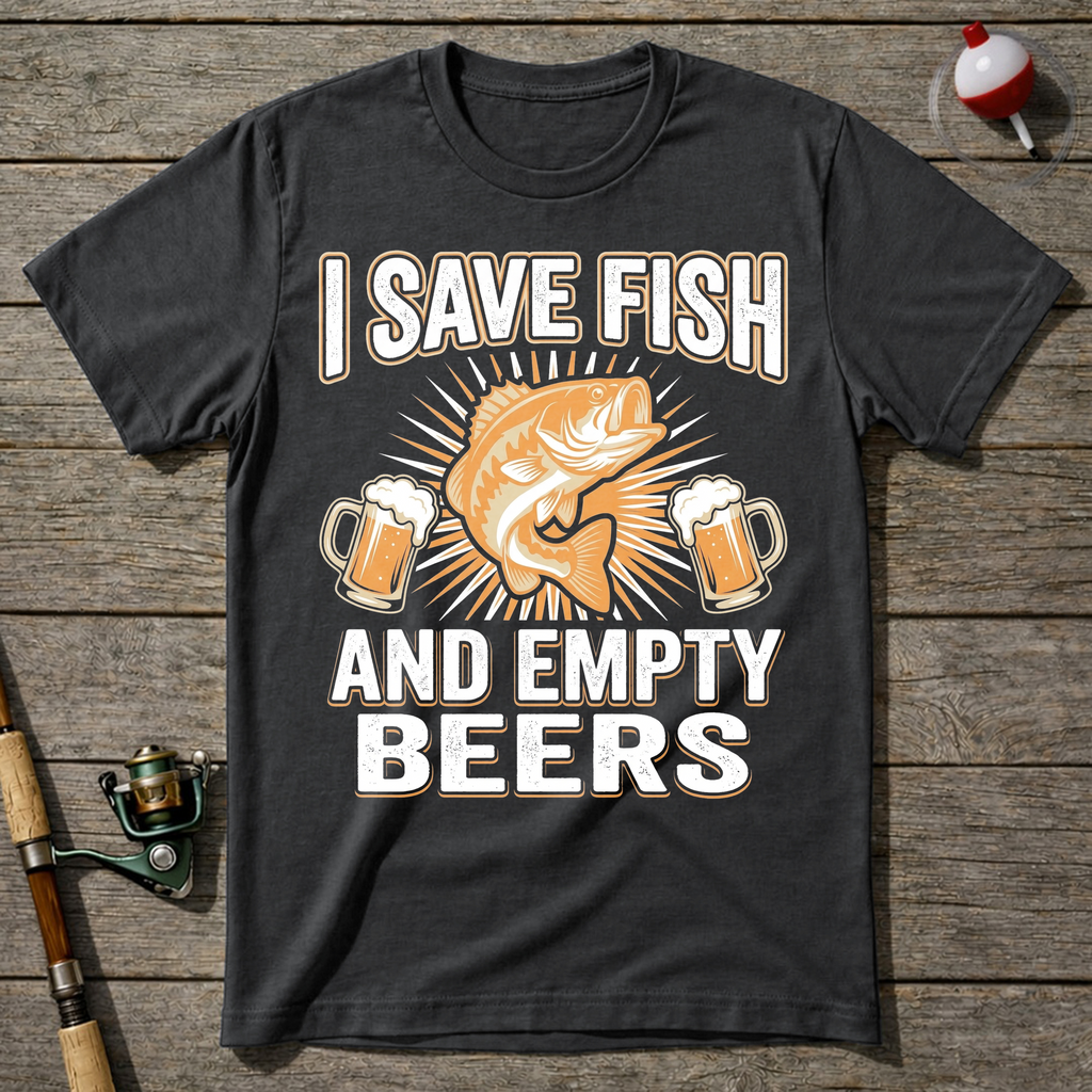 I Save Fish And Empty Beers T-Shirt — Charcoal