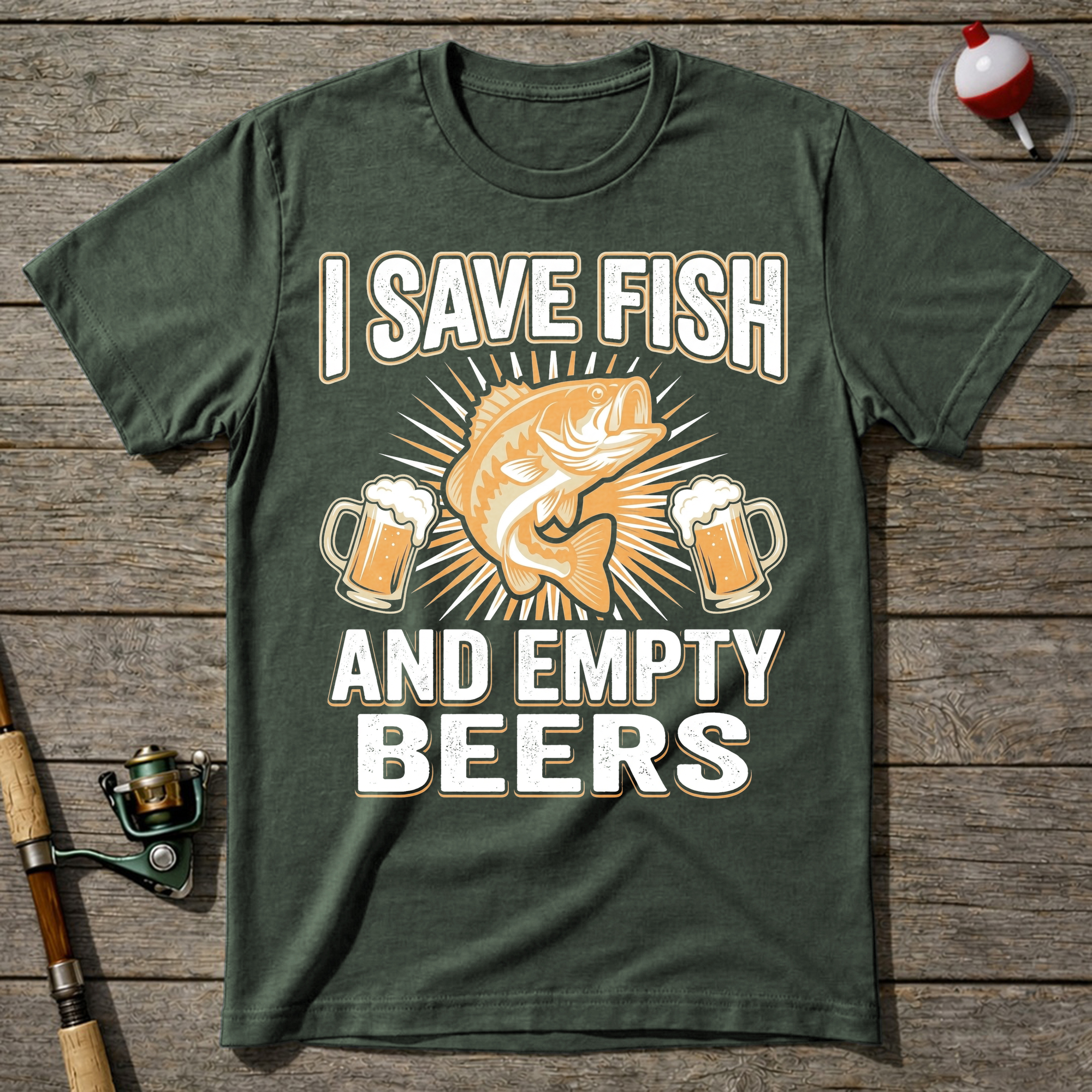 I Save Fish And Empty Beers T-Shirt — Military Green