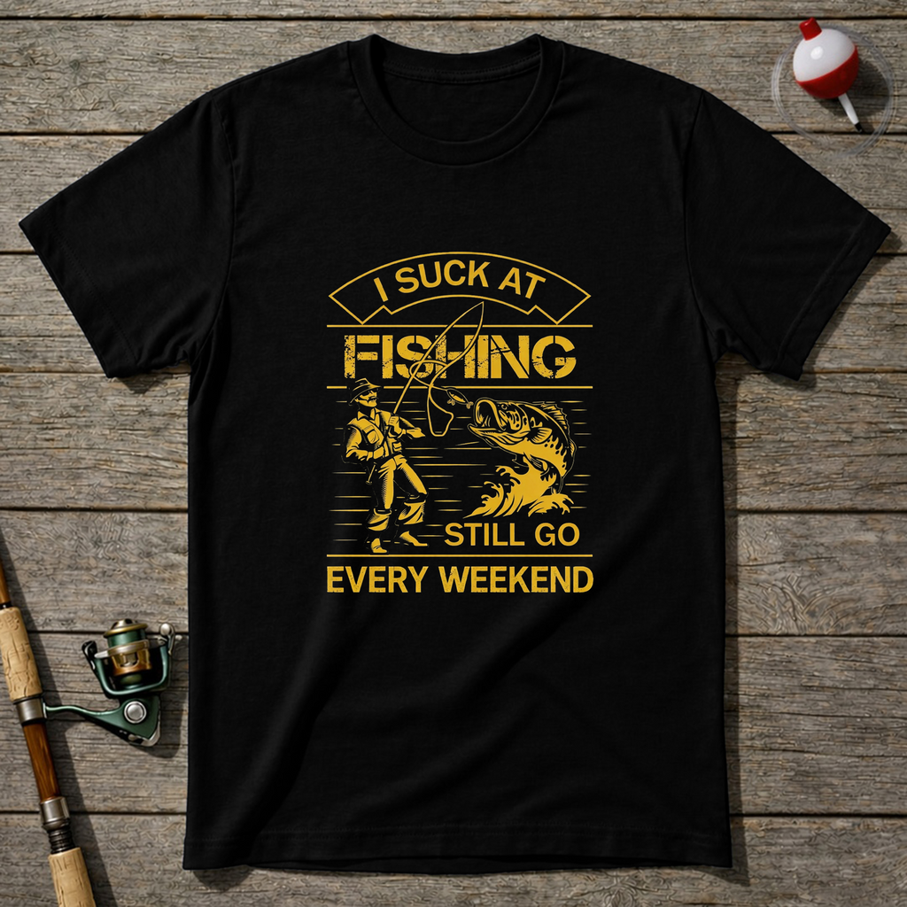 I Suck At Fishing Still Go Every Weekend T-Shirt — Black