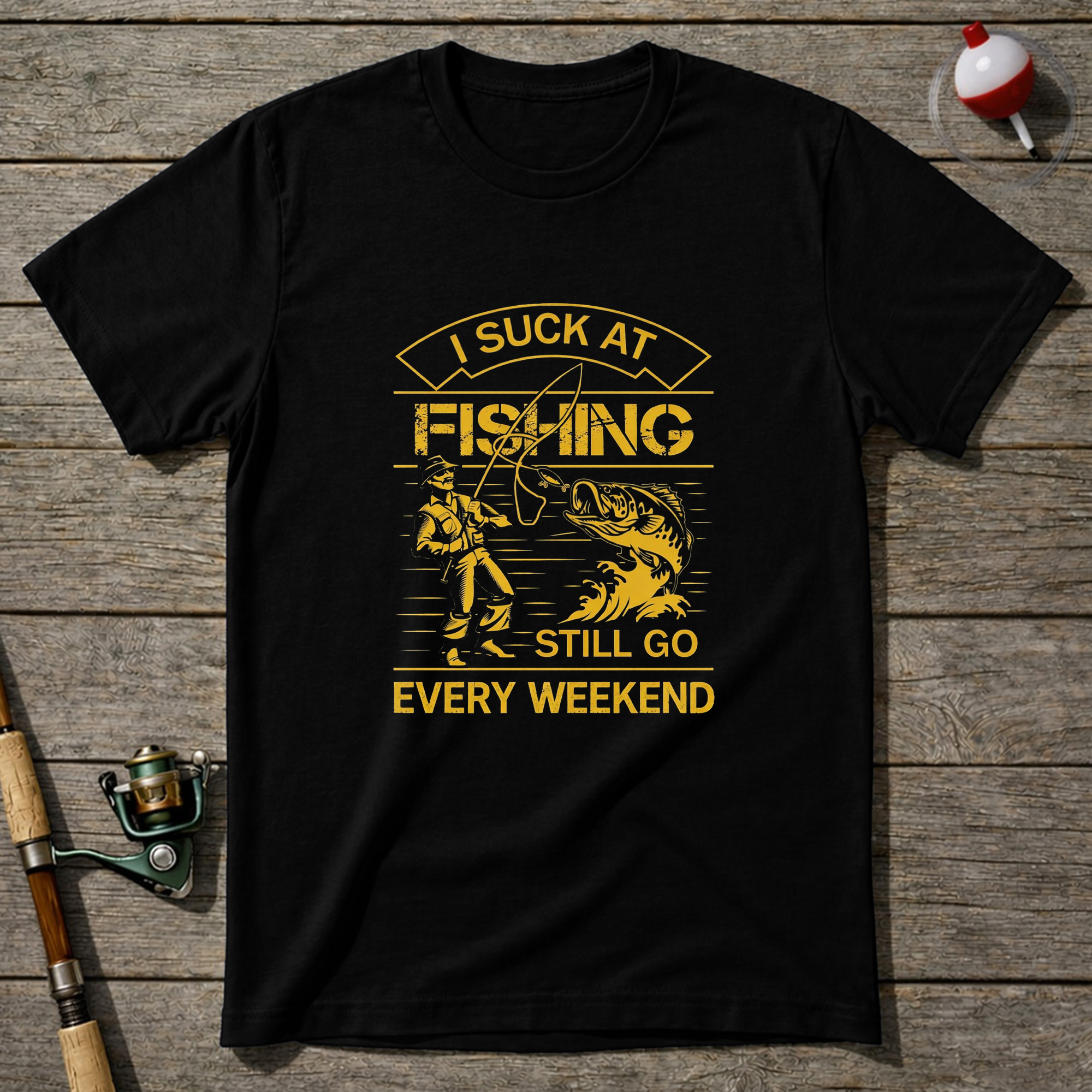 I Suck At Fishing Still Go Every Weekend T-Shirt — Black