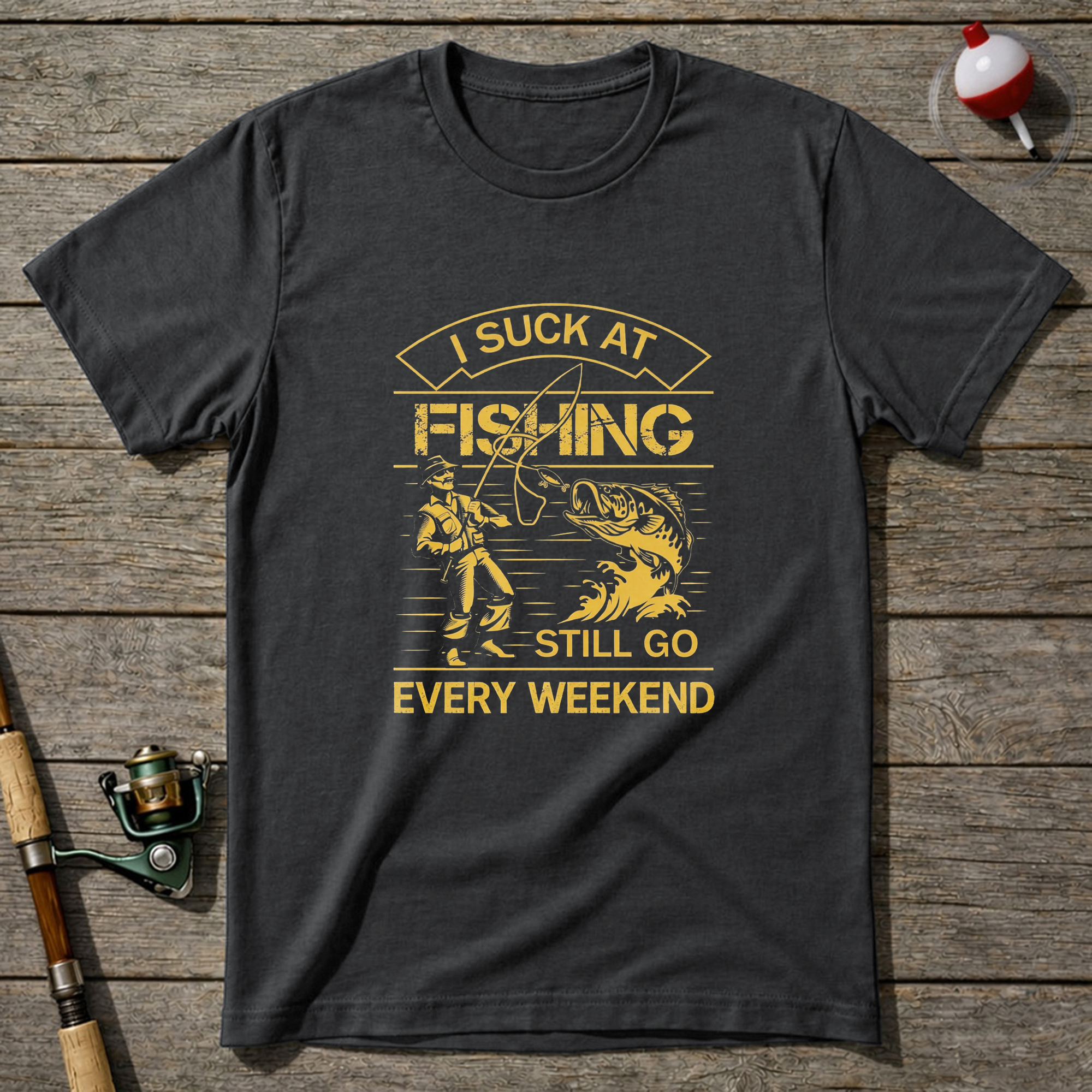 I Suck At Fishing Still Go Every Weekend T-Shirt — Charcoal