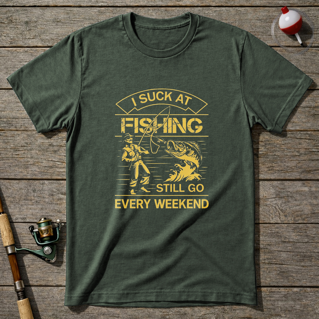 I Suck At Fishing Still Go Every Weekend T-Shirt — Military Green
