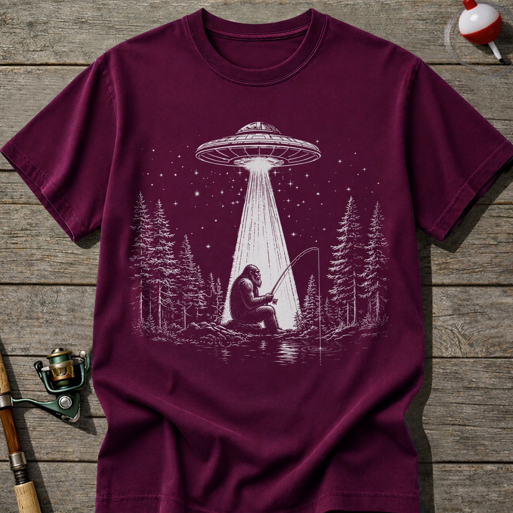 Bigfoot UFO Fishing T-Shirt