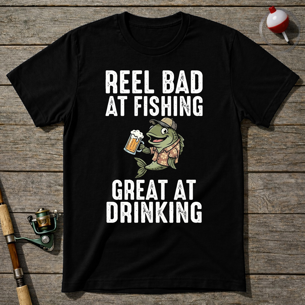 Reel Bad At Fishing Great At Drinking T-Shirt — Black