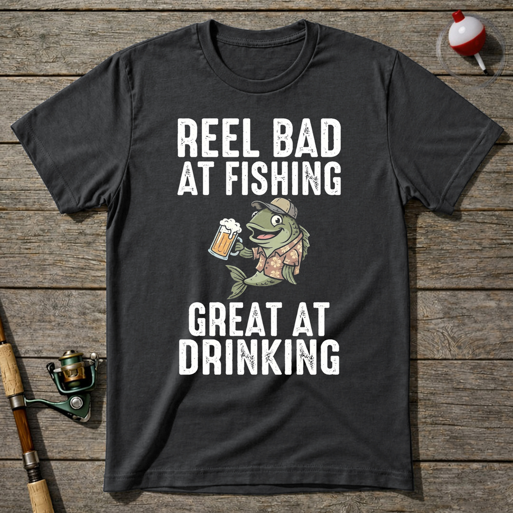 Reel Bad At Fishing Great At Drinking T-Shirt — Charcoal