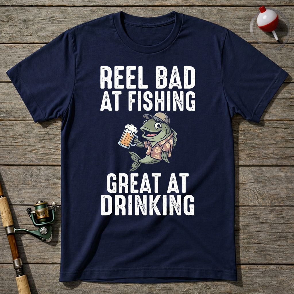 Reel Bad At Fishing Great At Drinking T-Shirt — Navy