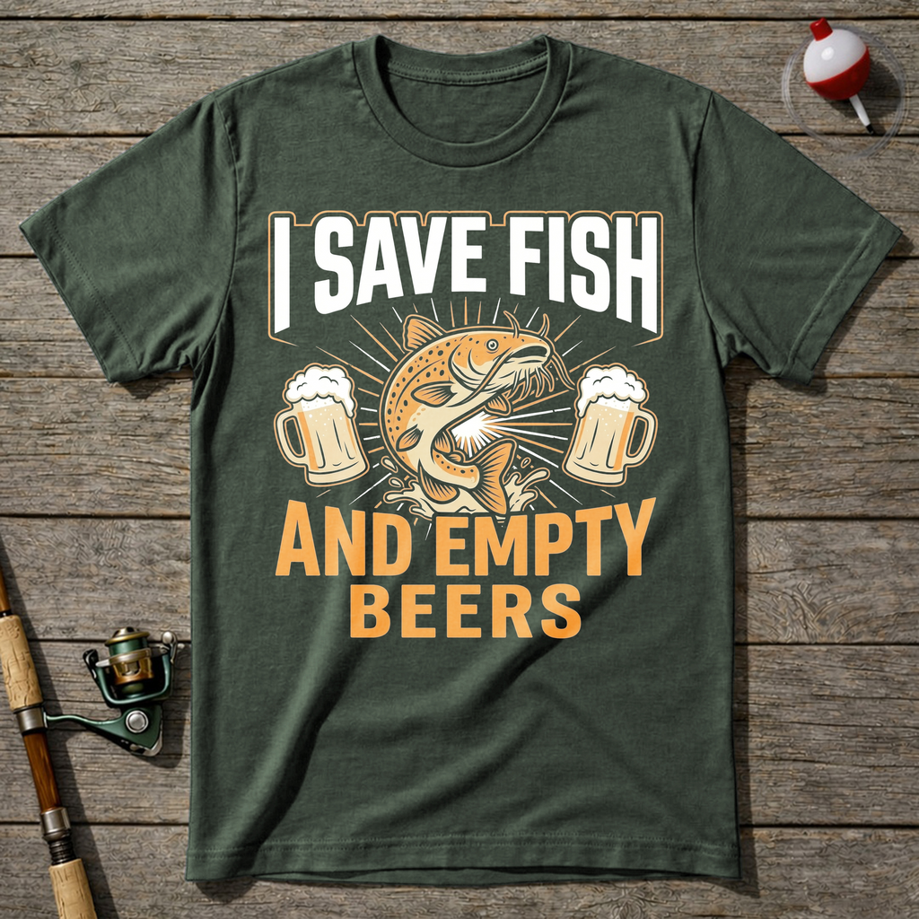 Save Fish And Empty Beers T-Shirt — Military Green