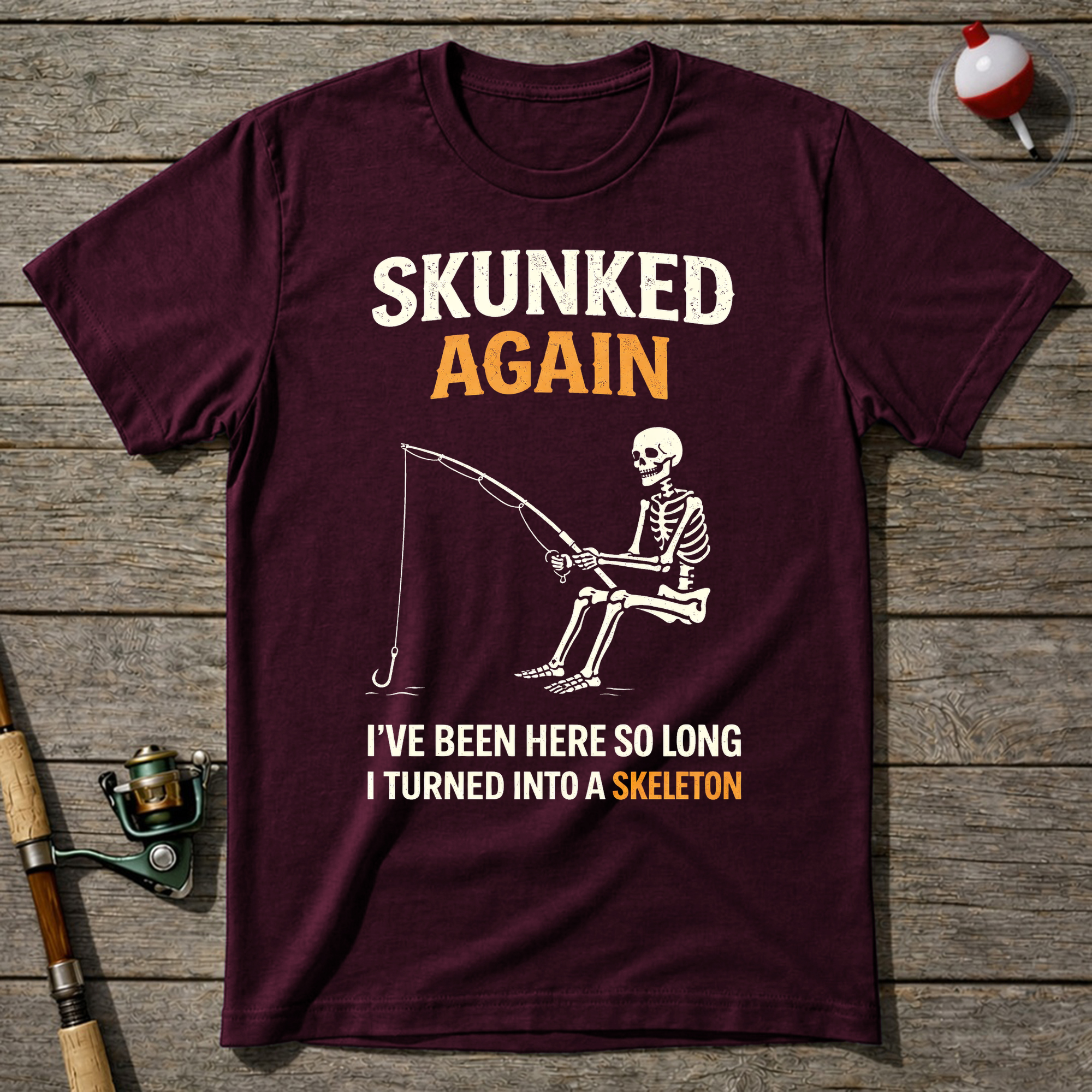 Skunked Again Fishing Skeleton T-Shirt