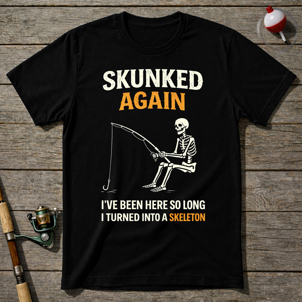 Skunked Again Fishing Skeleton T-Shirt — Black