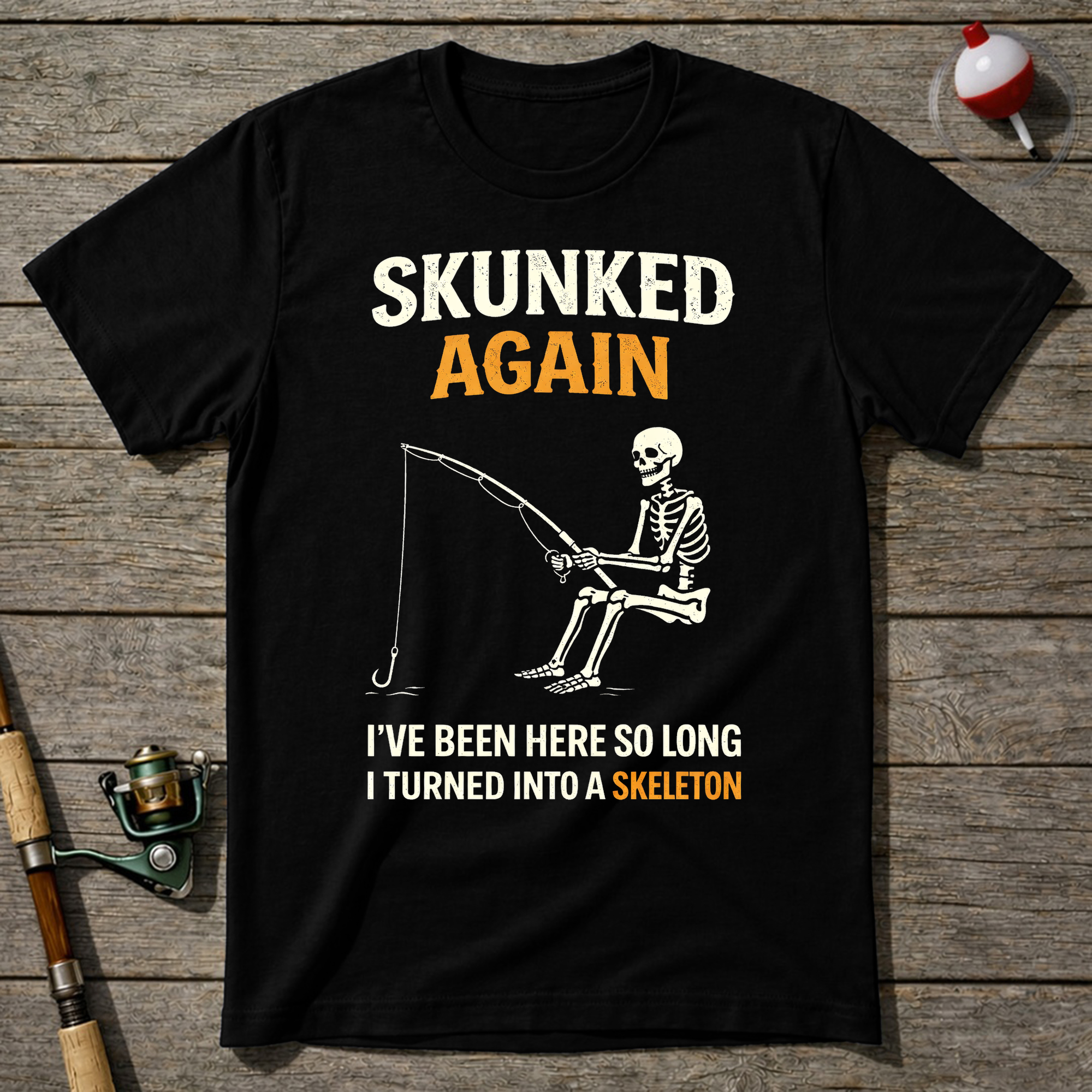 Skunked Again Fishing Skeleton T-Shirt — Black