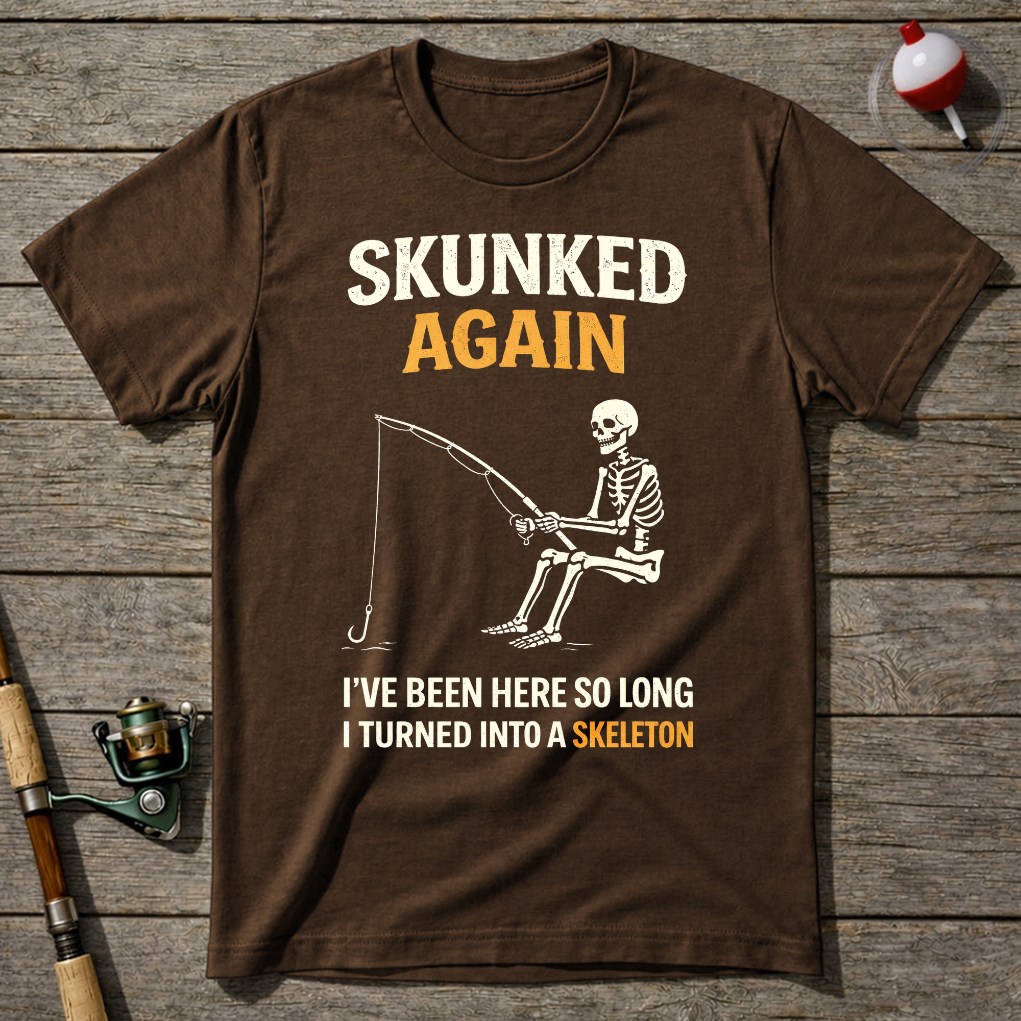 Skunked Again Fishing Skeleton T-Shirt — Navy