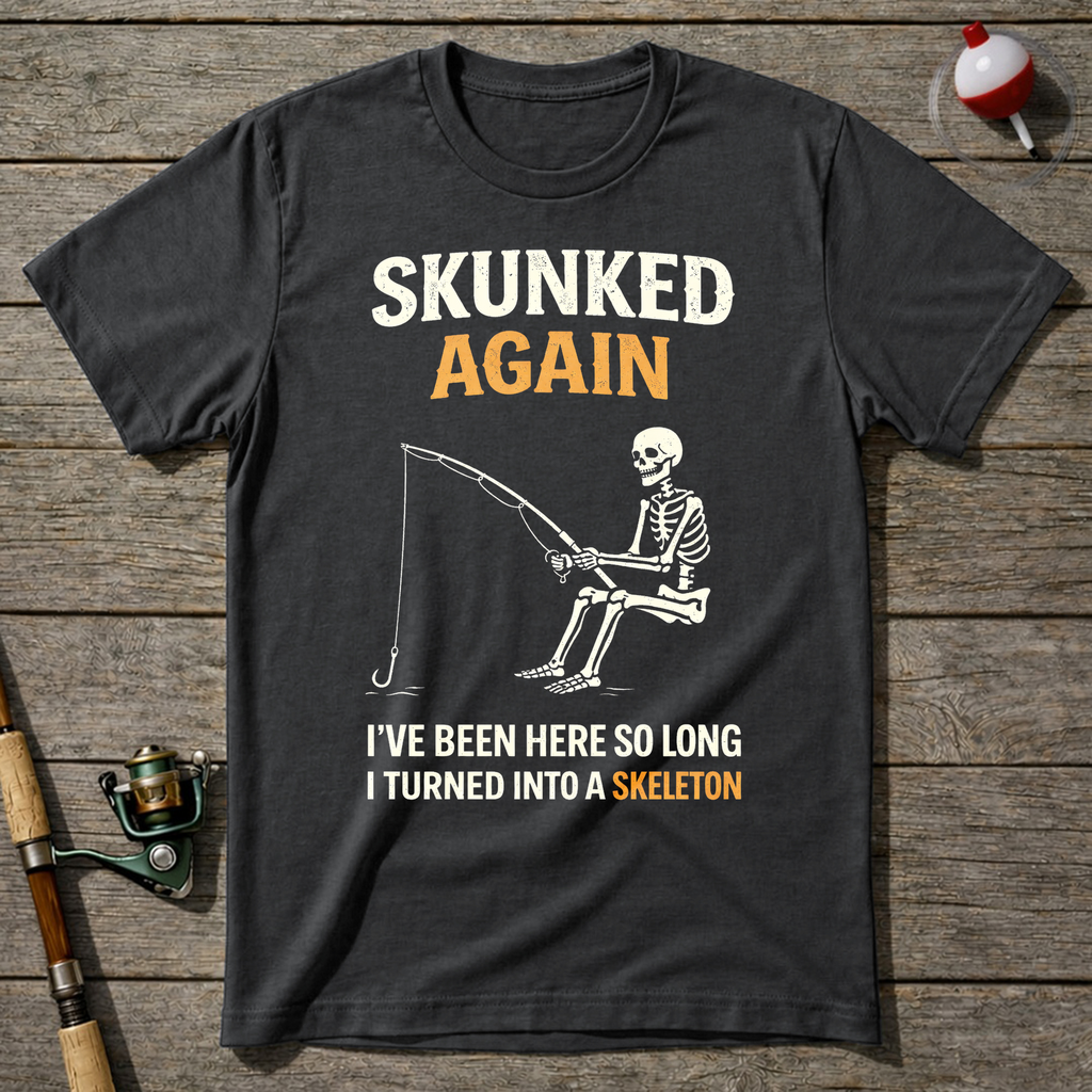 Skunked Again Fishing Skeleton T-Shirt — Charcoal