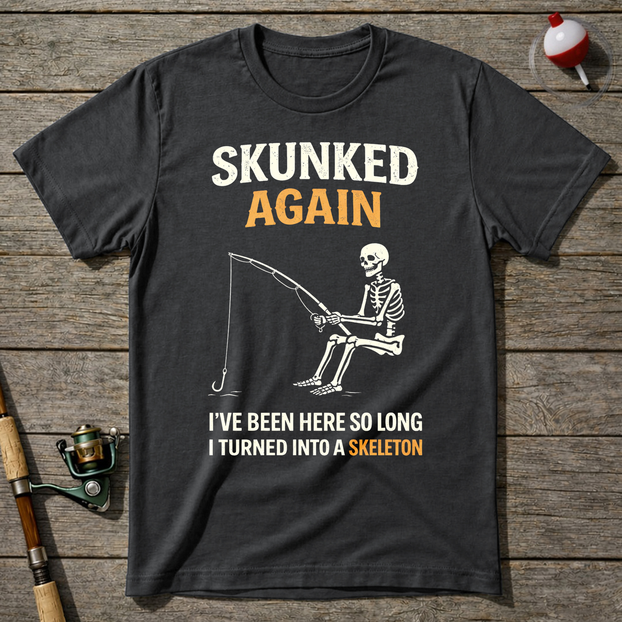 Skunked Again Fishing Skeleton T-Shirt — Charcoal