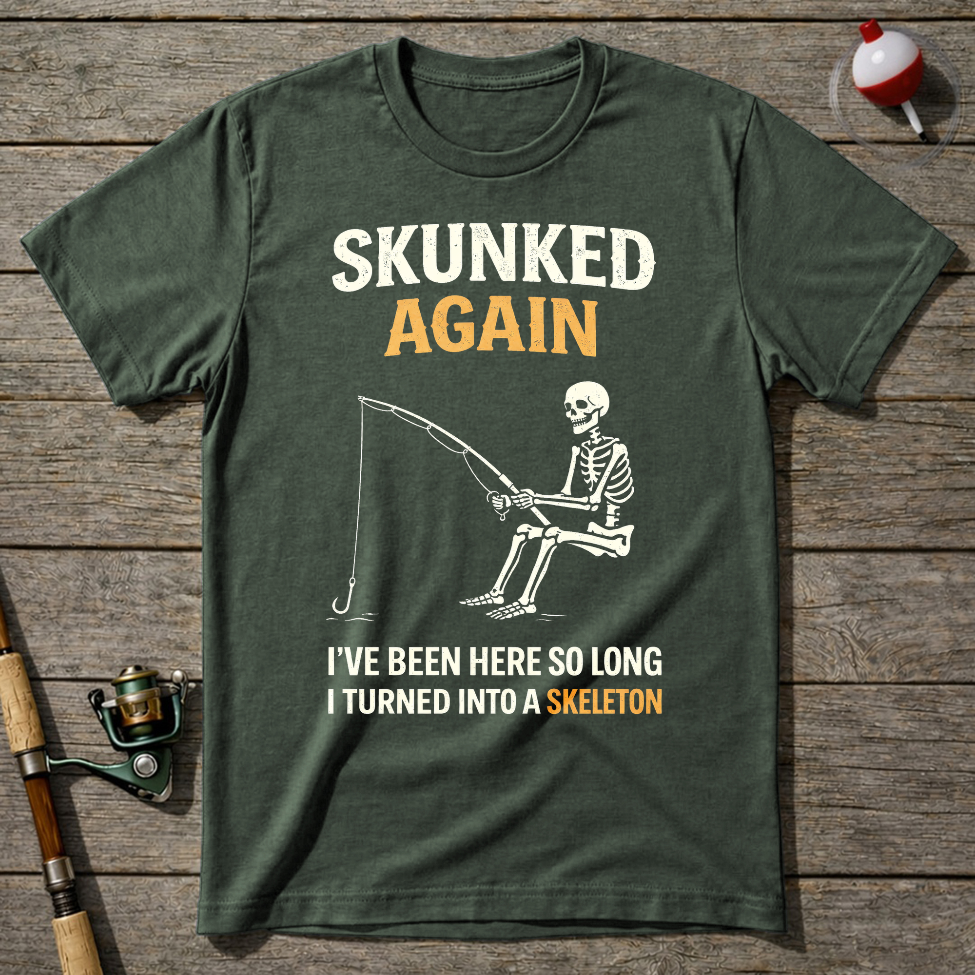Skunked Again Fishing Skeleton T-Shirt — Military Green