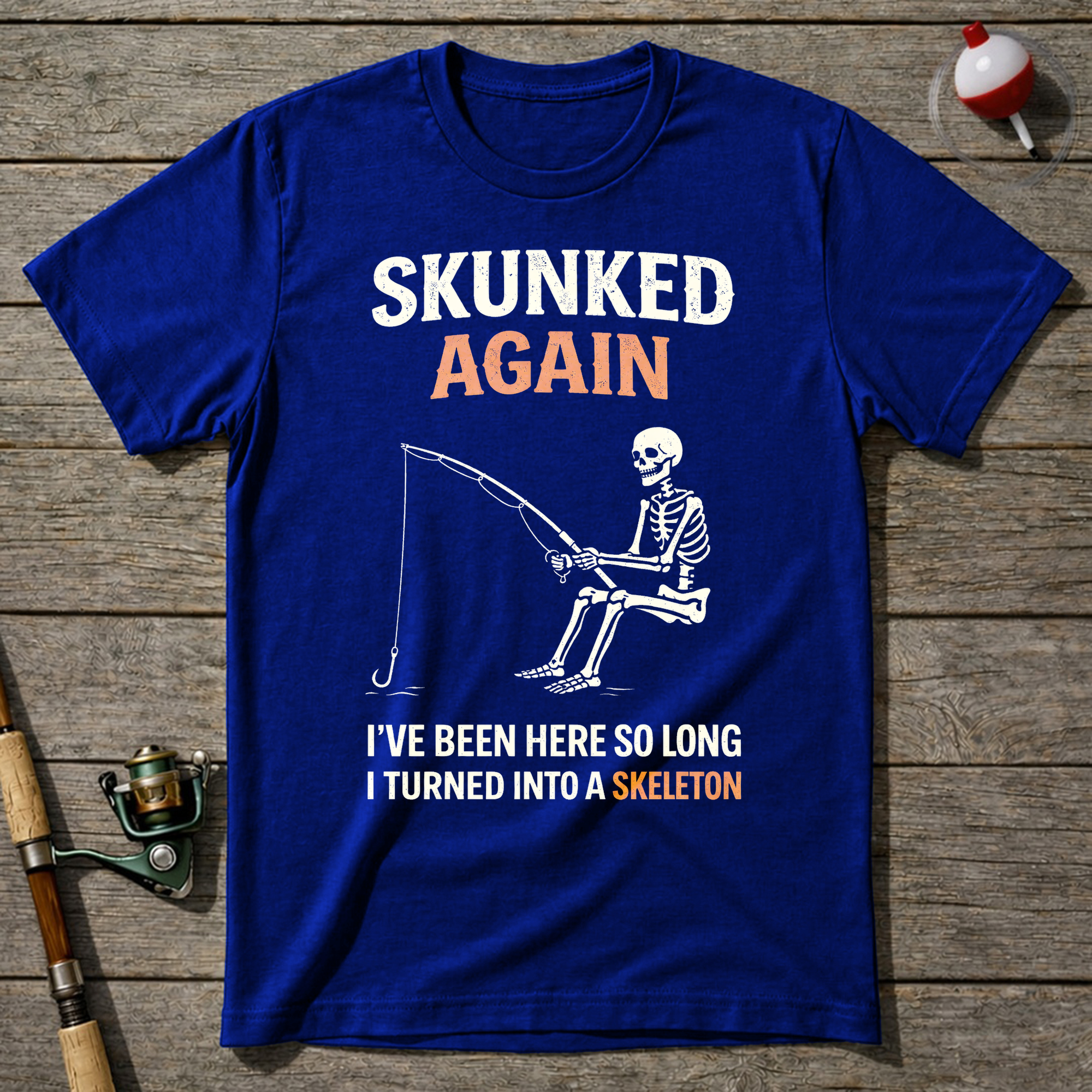 Skunked Again Fishing Skeleton T-Shirt — Royal Blue
