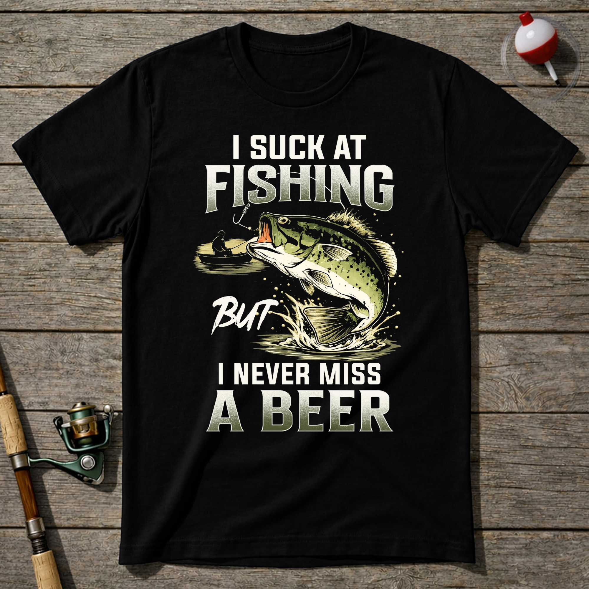 Suck At Fishing Love Beer T-Shirt — Black