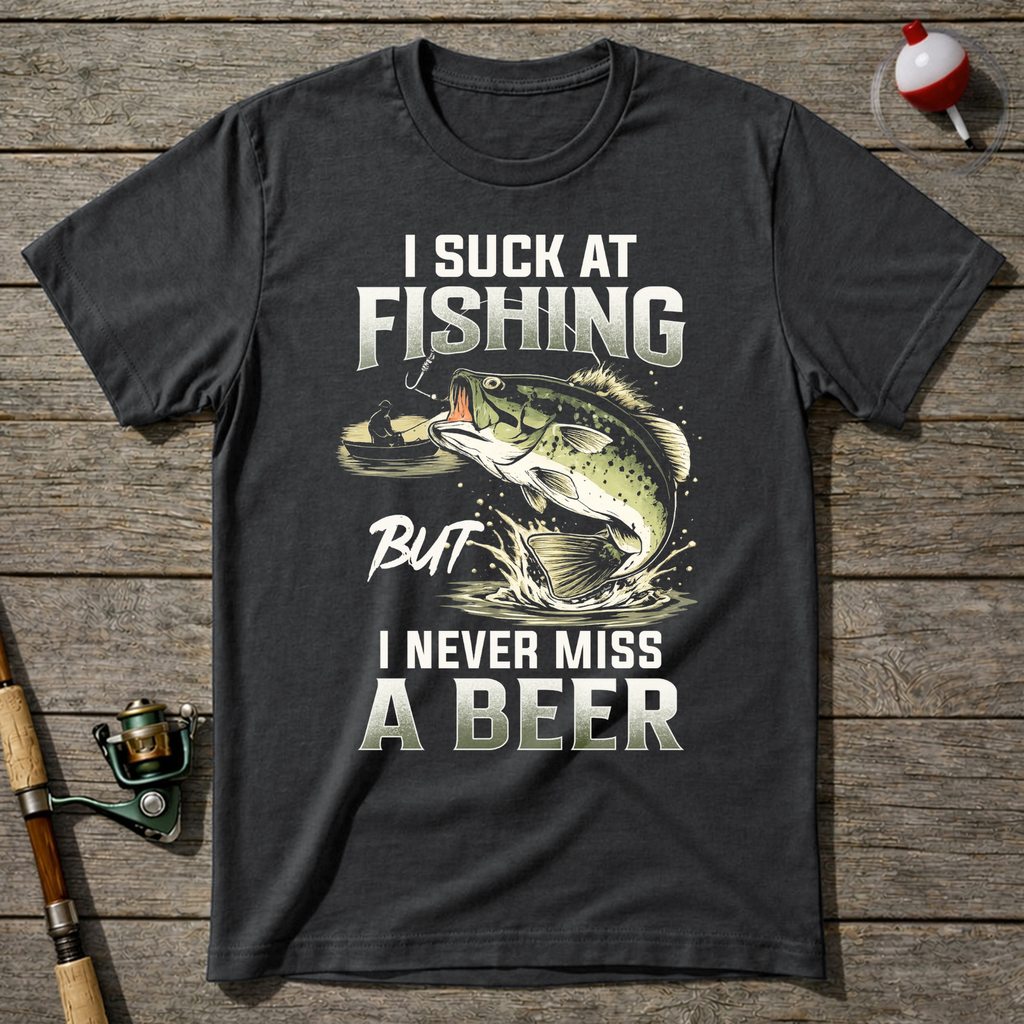 Suck At Fishing Love Beer T-Shirt — Charcoal