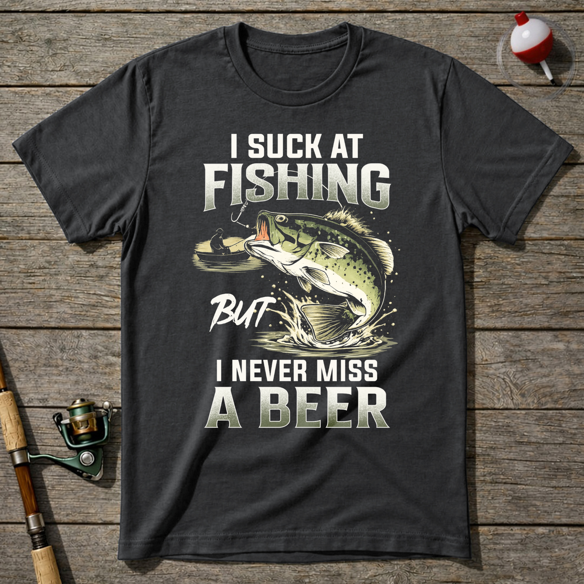 Suck At Fishing Love Beer T-Shirt — Charcoal