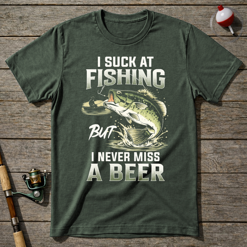 Suck At Fishing Love Beer T-Shirt — Military Green