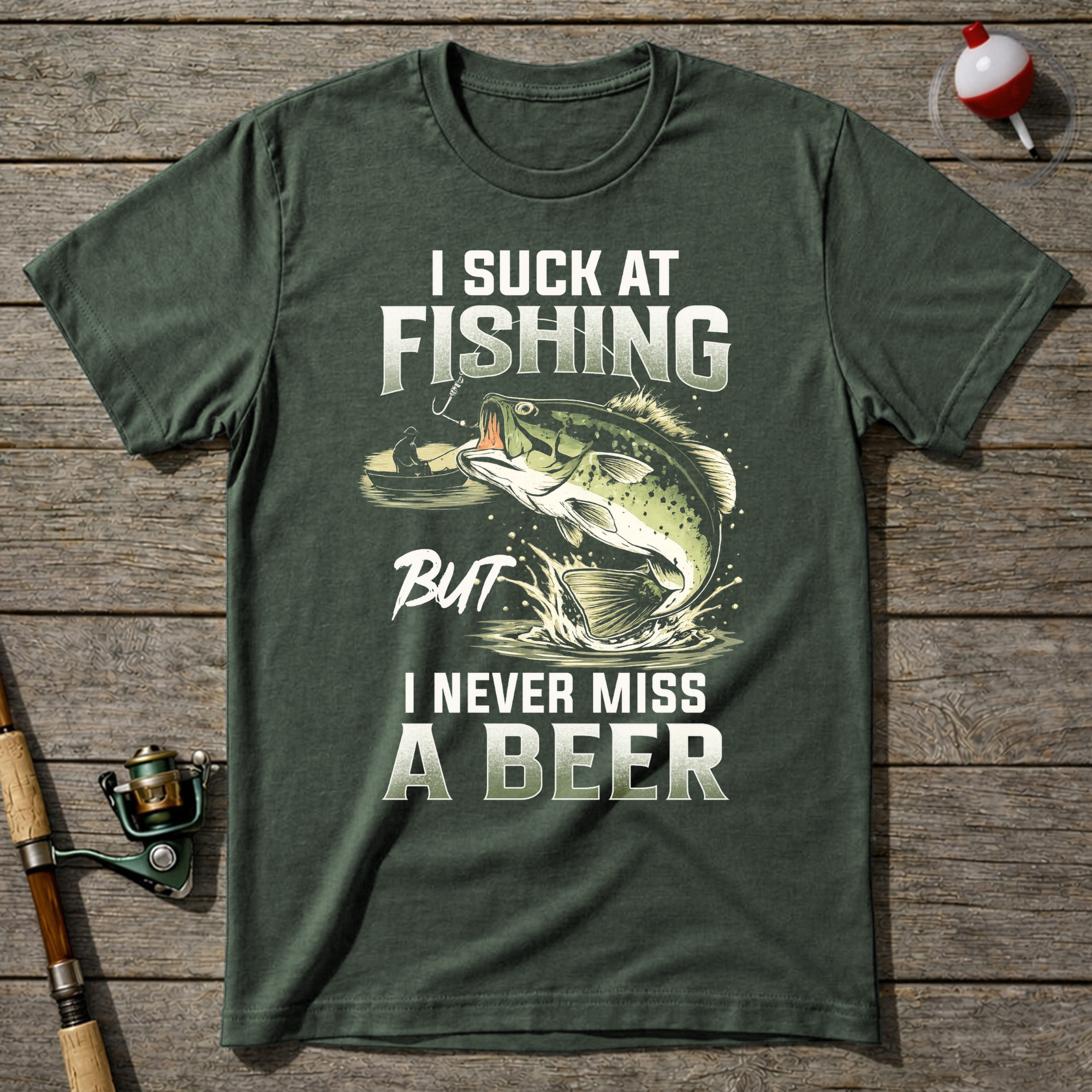 Suck At Fishing Love Beer T-Shirt — Military Green