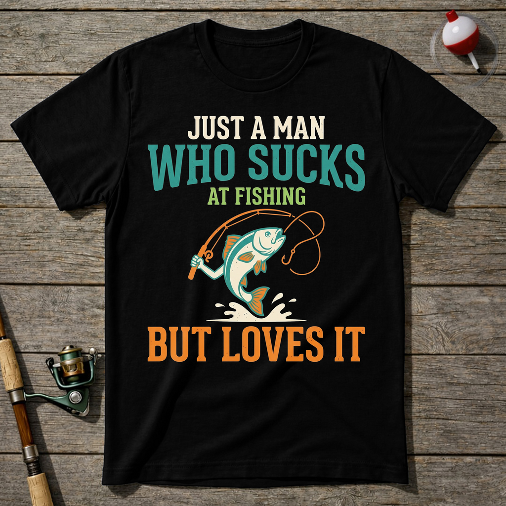 Sucks At Fishing But Loves It T-Shirt — Black