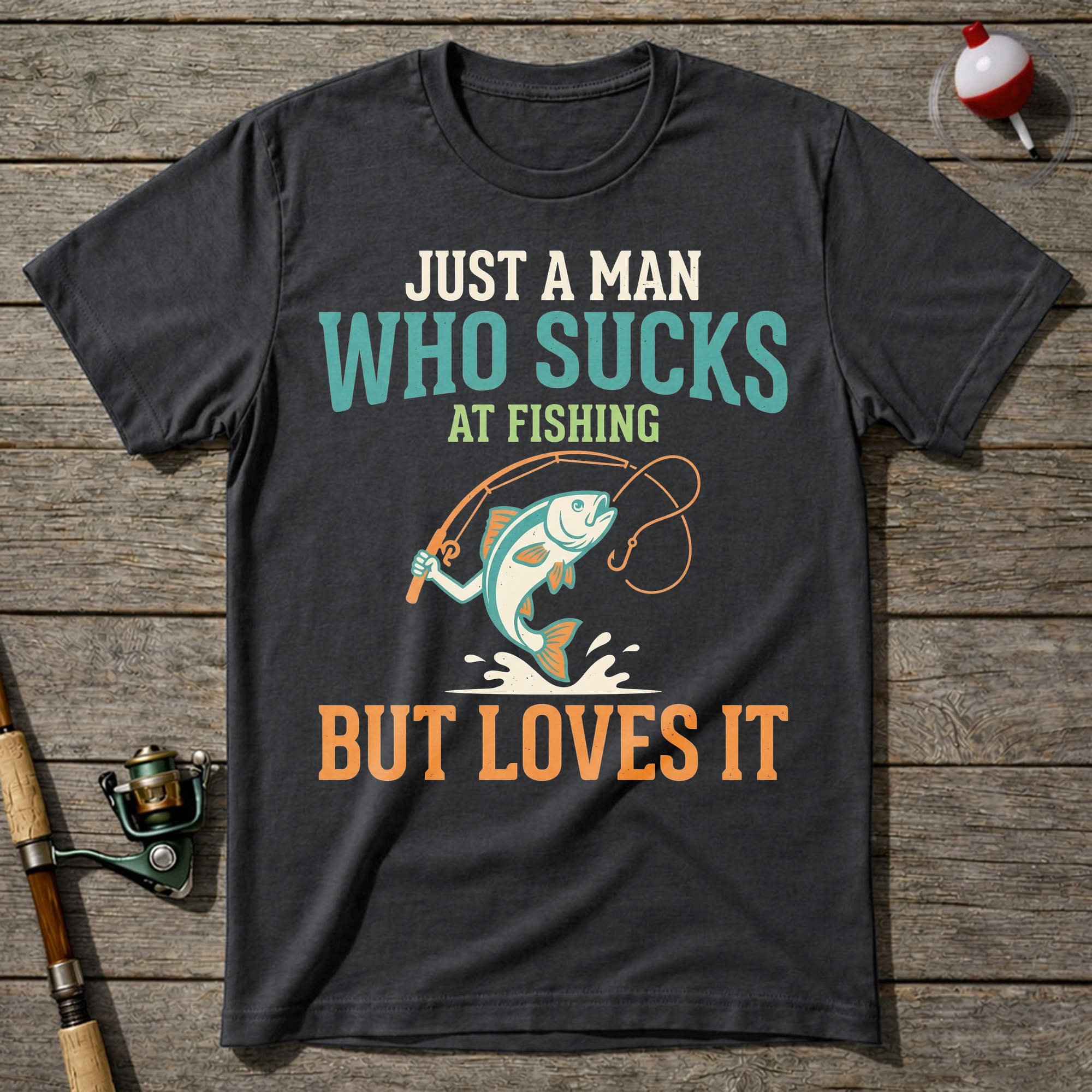 Sucks At Fishing But Loves It T-Shirt — Charcoal