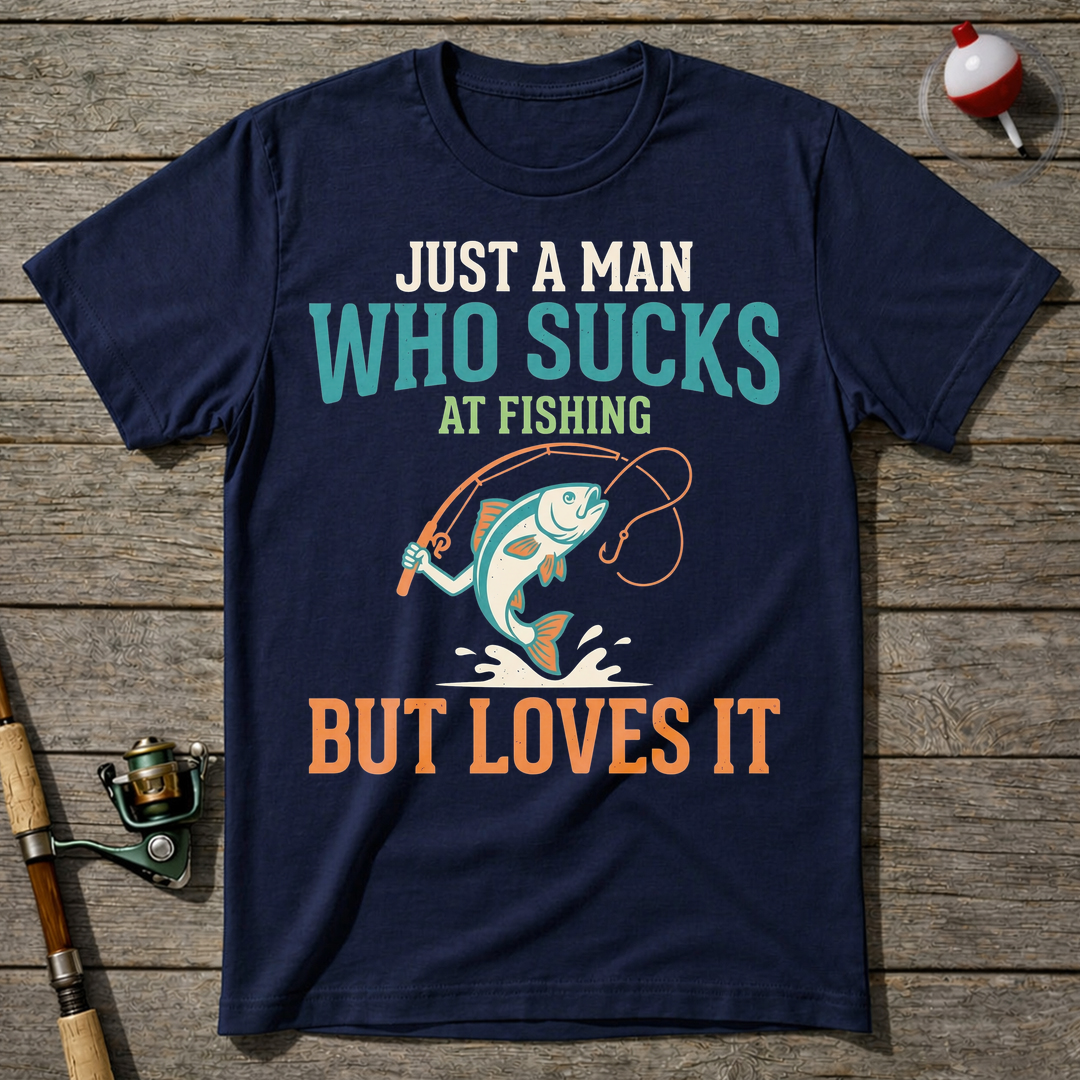 Sucks At Fishing But Loves It T-Shirt — Navy