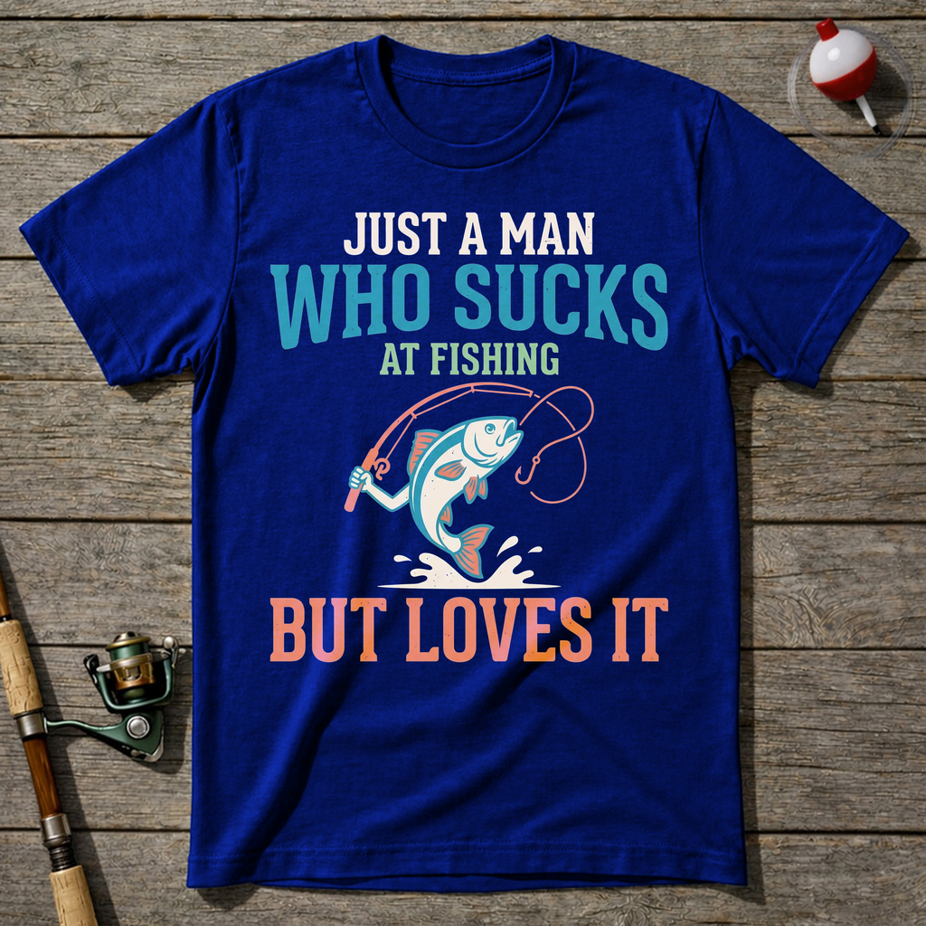 Sucks At Fishing But Loves It T-Shirt — Royal Blue